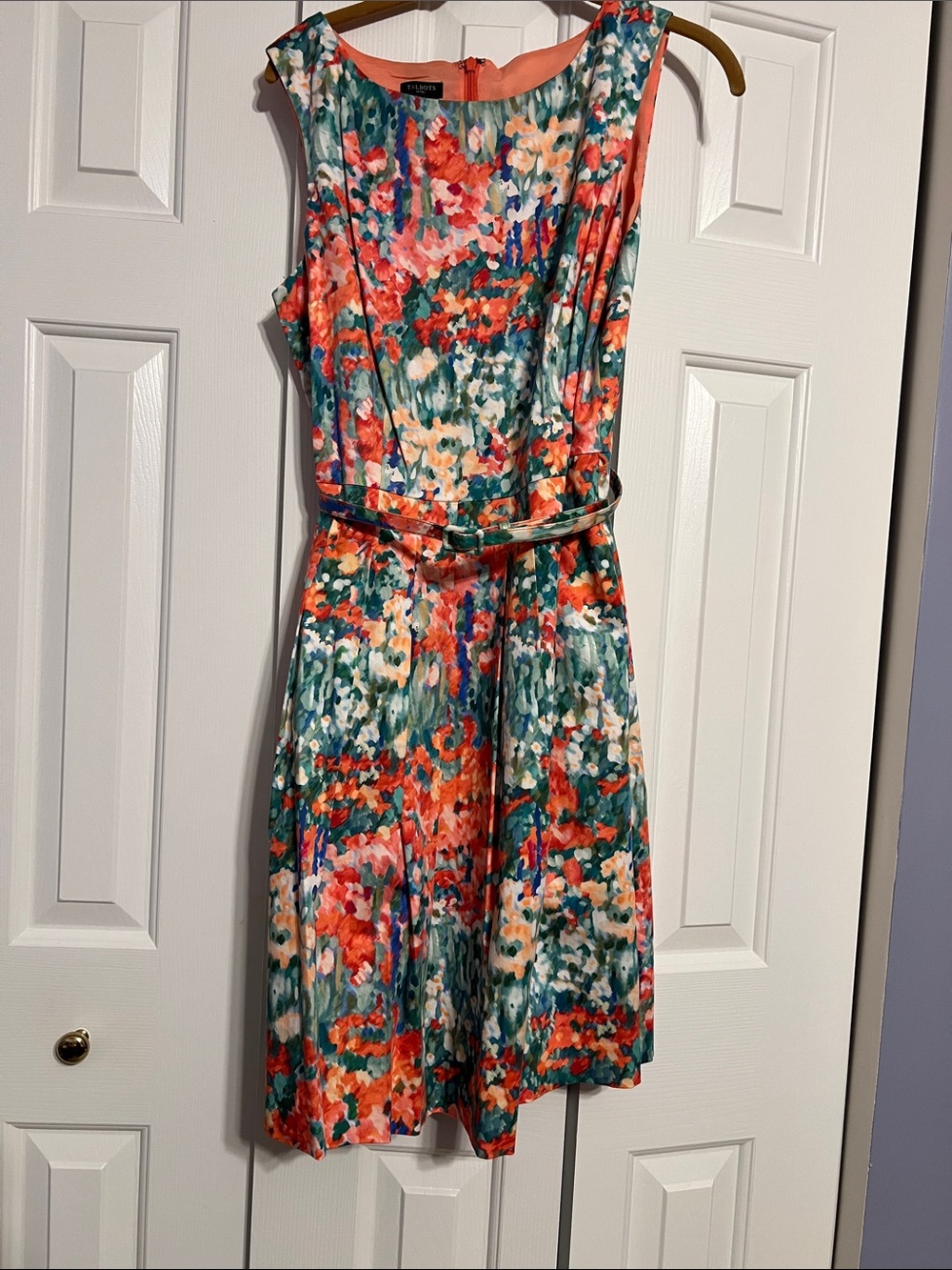 Talbots Coral and Teal Floral Belted Sleeveless Dress